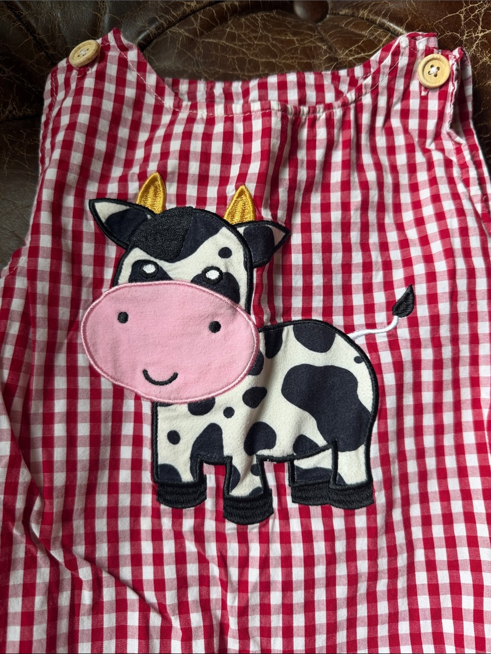 Red Gingham Cow Applique Kids Overalls - Picture 4 of 4